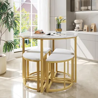 Merax Essgruppe mit runden Esstisch und 4 Hockers, modernes Marmor-Muster Tischplatte, kuschelige Samt Stühle, platzsparendes Design für Esszimmer, Küche, Wohnzimmer, Weiß