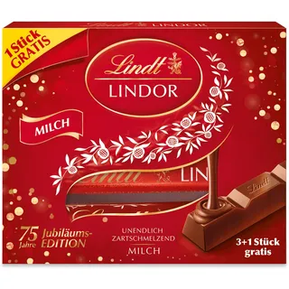 Lindt Schokolade LINDOR Sticks Vollmilch, 3 + 1 Promotion | 100 g (4 x 25 g Schokoladenriegel) | LINDOR Sticks Milch mit zartschmelzender Füllung | Vollmilchschokolade | Schokoladen-Geschenk