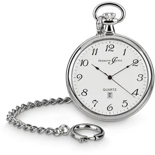 Hermann Jäckle Konstanz II Taschenuhr Herren silberfarben 47mm – Quarz Pocket Watch mit Datum, Kette & Etui, großes Piloten-Zifferblatt, klassisch funktional, Vintage Stil