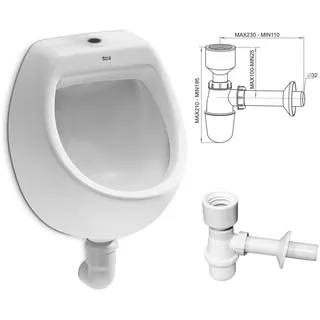 VBChome- Set: Urinal Zulauf Oben Weiß Modern Hochwertig Keramik Pinkelbecken senkrecht Pissoir Mini + Siphon Flaschensiphon A50132