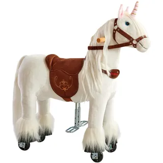 PONNIE Einhorn mit Rollen Unicorn S (3-6 Jahre), Unicorn zum Reiten mit Abnehmbarer Braun Sattel und Halfter mit Zaumzeug, Kämmbare Mähne und Schwanz, Plüschpferd zum Reiten für Kinder