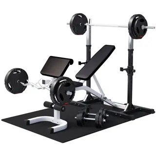 Gorilla Sports GORILLA SPORTS® Hantelbank - mit 75kg Gewichten, Hantelablage, Curlpult, Bodenschutzmatten, Verstellbar, Multifunktion, 8 Sternverschlüsse, Weiß - Kraftstation, Hantelset, Trainingsbank,