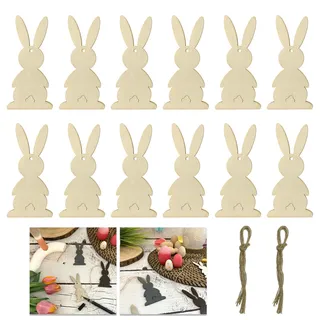 Oblique Unique Oblique Unique® Holz Hasen und Blumen 10er Set zum Aufhängen Hängedeko Häschen Osterstrauß Deko Dekoration aus Echtholz für Ostern zum Basteln