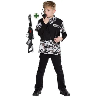 Karneval-Klamotten Polizei-Kostüm Polizei Oberteil mit Walkie Talkie Maschinengewehr, Spezialeinheit Uniform Polizei Jungen Kinderkostüm grau|schwarz 128