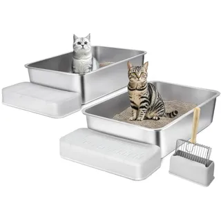 Vevor Katzenklo 2er-Set, 600 x 400 x 150 mm, XL extragroße Katzentoilette aus Edelstahl mit Schaufel, breitem Filter-Fußteil & hohem Rand, geruchsfreie, geruchsfreie Schalentoilette für große Katzen