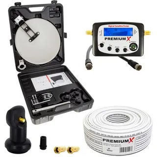 PremiumX Camping Satelliten Anlage Satellitenschüssel SAT-Finder Single LNB 10m Koaxial Kabel 2x F-Stecker kompakt im Koffer