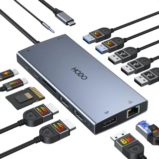 Dockingstation Laptop 2 Monitore, 15 in 1 Docking Station Triple Display, USB C Hub Adapter mit Zwei HDMI, 8K DisplayPort, Ethernet, PD, 5USB, USB C, SD TF Kartensteckplatz, Audio und EIN/Aus Taste