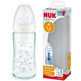 NUK First Choice+ Glasflasche | 0-6 Monate | Temperaturkontrolle | Silikonsauger | Anti-Kolik-Ventil | BPA-frei | 240ml
