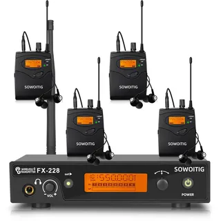 SOWOITIG Kabelloses In-Ear-Monitoring-System – Professionelles UHF-IEM-System (Mono) mit Rackmount-Metall-Sender, 4 Bodypack-Empfänger mit Ohrhörer