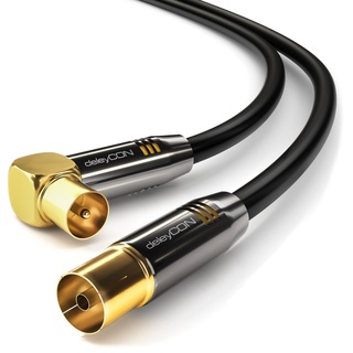 deleyCON 1,5m 4K TV Antennenkabel Koaxialkabel - 4K Ultra-HD Full HD HDTV - 1x IEC-Stecker 90° Gewinkelt zu IEC-Buchse Gerade - TV Radio DVB-T2 Metallstecker - Schwarz