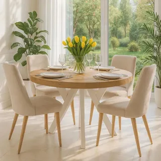 Runder Ausziehbarer Tisch für Esszimmer, PERO, Loft-Stil, Skandinavische, Durchmesser: 90 / 190 cm, Farbe: Eiche Craft Golden / Weiss - Braun