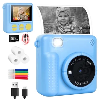 Sofortbildkamera Kinderkamera 1080P 2,4" Bildschirm - Kinder Kamera mit Druckpapier & 32GB Karte, Digitalkamera Kinder VideoKamera mit Farbigen Stiften Spielzeug Geschenk für Kinder 3-12 Jahre (Blau)