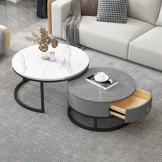 Runder Couchtisch 2er-Set, Beistelltisch-Set mit Schubladen, Sofatisch mit Schiefer-Marmor-Textur, Metallrahmen, moderner Teetisch für Schlafzimmer, Wohnzimmer, Möbel, Dekoration, multip