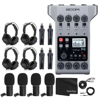 Zoom PodTrak P4 Tragbarer Multitrack-Podcast-Recorder + 4X Zoom M-1 Mikrofon + 4X Kopfhörer + Windschutz + XLR-Kabel + 4X Tischständer + Tuch - 4 Personen Podcasting Mic Pack Bundle