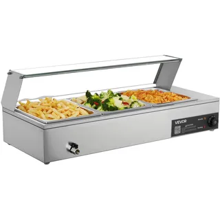 Vevor kommerzieller Speisenwärmer mit Glasabdeckung & 3 Behälter (1/2-Größe) 1,5 kW Buffetwärmer Edelstahl, Buffetbehälter Buffet-Wasserbad Speisenwärmstation für Restaurants Partys Buffets