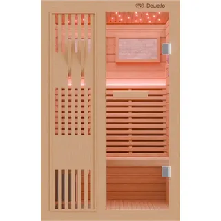 Dewello Finnische Sauna MINTO 120x120 Kabine aus Hemlock Tannenholz mit 3,5 kW Harvia Ofen, inkl Sauna Set
