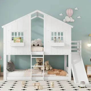 Merax Etagenbett Kinderbett 90x200cm mit Rutsche und Fallschutz, Hochbett Stockbett mit Dach und Fenster, Hausbett aus Kiefer - Sicherheitsgitter W... - Weiß