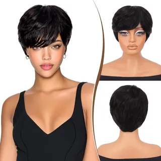 RUWISS Pixie Cut Perücke Echthaarperücken für Schwarze Frauen Kurze Perücken mit Pony Kurze Perückes Natürliche Geschichtet Perücke (1B#)