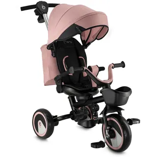 MOMI IVI Kinderdreirad, Tricycle mit 360 °-Sitz mit 3-Punkt-Sicherheitsgurt, Fußstütze, Sonnendach, PU-Räder, Schiebestange, abnehmbare Tasche und Transportkorb für Spielzeug