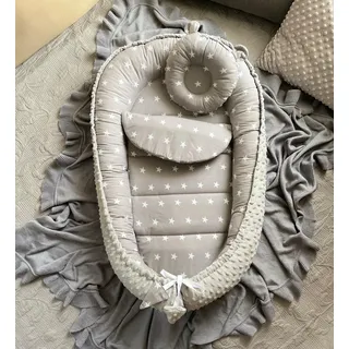 STERNE Grau/MINKY Grau Polar Fleece Baumwolle Babynest Neugeborene Baby Unterlage Reisebett Nestchen SOLO/o.in Ausstattung SETS (Nestchen + MATRATZE + Bärchen)