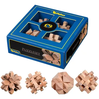 Philos 3501 - Puzzleset 1, Holz, 4-teilig, Puzzlespiele, Denkspiele, Knobelspiele, Schwierigkeitsgrad: mittelschwer, Geschenkbox
