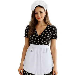 aspire Weiß Halbschürze mit Rüschen Damen Schürze Vintage Kellnerschürze Taillenschürze und Stirnband Set