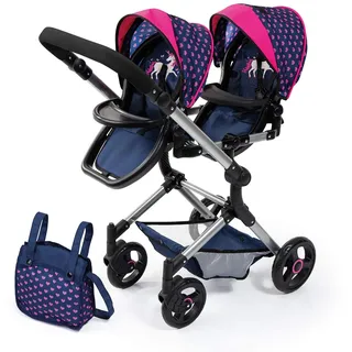 Bayer Design 26254AA Zwillingspuppenwagen, Puppenwagen, höhenverstellbar, zusammenklappbar, integrierter Einkaufskorb, kompatibel mit EasyGo, blau mit Einhornmotiv u. Herzenmuster, 46 cm