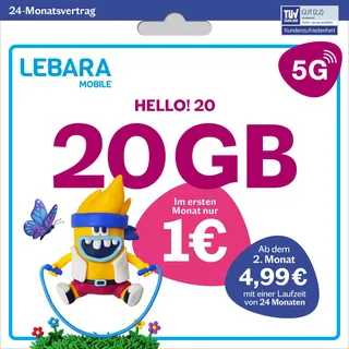 LEBARA Handytarif Hello! 20 | 20 GB Datenvolumen | 4,99€ mtl. | 5G mit bis zu 50 Mbit/s | Allnet-Flat Telefonie & SMS Deutschland inkl. EU-Roaming | 50 Auslandsminuten inkl. SIM-Karte