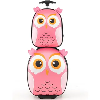 DREAMADE 2tlg. Kinderkoffer Set, Kinderkoffer mit Rucksack, Reisekoffer Jungen & Mädchen, Kindergepäck mit Rollen, Kindertrolley Handgepäck Kinder Flugzeug (Rosa-Eule)