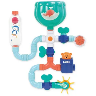 LUDI - XXL-Wasserschläuche – Wasser-Bauspiel – große Rennstrecke – ab 18 Monaten – zum Spielen des Babys während des Badens – Fantasie und Geschicklichkeit – 16 austauschbare Teile – Befestigung mit