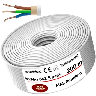 MAS Premium Feuchtraumkabel Stromkabel 5-200m Mantelleitung NYM-J 3x1, 5 2,5 4 6 10 oder 5x1,5 2,5 4 6 10 16 Elektrokabel für feste Verlegung (NYM-J 3x1, 5 mm2, 200m)