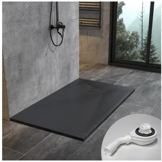 WITEN&NOCK 120x80 Cm Smc Duschwanne Mit Ablaufgarnitur Schwarz Brausewanne Superflach Steinoptik Anti-rutsch
