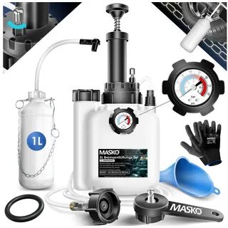 Masko MASKO® Bremsenentlüftungsgerät Auto Bremsentlüfter KFZ Bremsflüssigkeits-Wechselgerät 3L für Scheibenbremsen & Trommelbremsen mit Handpumpe & 1L Absaugbehälter für E20, Adapter, Schlauch & Zubehör