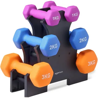 Amazon Basics Hantel-Set mit Neoprenbeschichtung, mit Hantelständer, 3 Stück (1 kg, 2 kg, 3 kg), Mehrfarbig