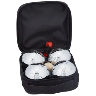 Relaxdays Boule Kugeln, im Set mit Zielkugel - Abstandsmesser, Tragetasche, Boccia Spiel, Silber/schwarz