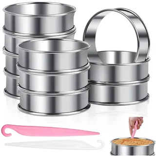 10 Stück Backringe 10 cm, Silber Kuchenring Leicht Entformbare Runde Dessertringe Edelstahl Tortenring Crumpets Ringe mit 2 Stück Kuchenausstecher für Kochen und Backen