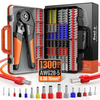 Preciva Crimpzangen Aderendhülsen Set, Preciva Crimpzange 0,08-16mm2 Aderendhülsenzange mit 350 Twin und 950 Einzeilige Aderendhülsen Set für Heimwerker und industrieller Bedarf Presszange 16mm2