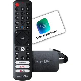 None waipu.tv 4K Stick + 12 Monate Perfect Plus | TV-Kombi | Fernsehen über WLAN | Fernbedienung mit Schnellwahltasten (mit TV-Steuerungstasten) | HDMI | 4K | HDR