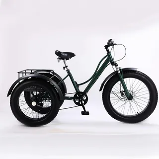 Wasd3Pods 24-Zoll-Dreirad Für Erwachsene, Cruiser-Trike Mit 7 Gängen, All-Terrain-Dreirad Mit Dicken Reifen Und Großem Korb Für Senioren, Dreiräder Für Erwachsene, Zum Einkaufen Und Picknicken,Green