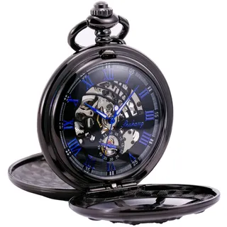 TREEWETO Unisex Taschenuhr mit Kette Analog Handaufzug Doppelscharnier Ruder Skelett Schwarz Blau