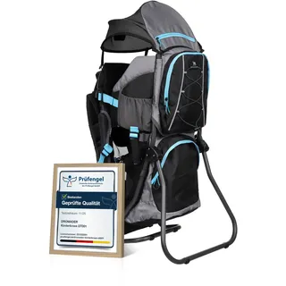 Dromader Kraxe Kindertrage bis 22kg - Baby Rückentrage Wandern mit Sonnendach Regenschutz - Babytrage Outdoor Trekking mit Thermotasche Wickelmatte - Einhändig klappbarer Aluminiumrahmen Schwarz Blau