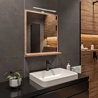 hajduk furniture Badspiegel mit Beleuchtung 4000 K IP44 Sonoma H:70 x B:60 cm - Bathroom Mirror - Badezimmer Spiegel Rechteckig mit Ablage und LED - Silber