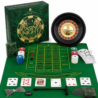 Talking Tables Casino Night Spielset für Erwachsene - Poker Blackjack Roulette Komplettset mit Spielmatte 200 Chips Spielkarten und mehr Pokerabende - Maße: 60x90cm