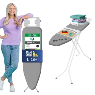 STAHLMANN ® Bügelbrett [120x38 Bügelfäche ] Grau mit rutschfesten Füßen – robuster Bügeltisch mit Steckdose – extra stabiles Bügelbrett [Made IN EU] – Tischbügelbrett