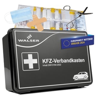 WALSER Erste Hilfe Set Auto, Verbandskasten Auto Auszeichnung Sehr Gut*, Auto Verbandskasten 2024, Erste Hilfe Kasten, Verbandskasten Auto 2024, Erste Hilfe Auto, KFZ Verbandkasten DIN 13164 schwarz