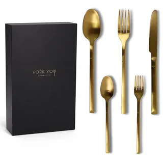 FORK YOU Besteckset Gold Matt (20-teilig) für 4 Personen – inkl. Kuchengabeln – Edelstahl 18/10, rostfrei & spülmaschinenfest, hochwertig verpackt, Geschenkidee
