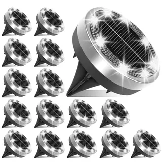 Klein Solar Bodenleuchten Aussen, 16 Stück 8 LED Solarleuchten für Außen, Solarlampen für Außen, Led Solar Gartenleuchten, Kaltweiß, IP65 Wasserdicht, Edelstahl, Geeignet für Rasen, Gehweg, Terrasse