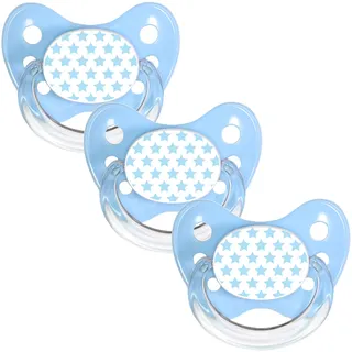 dentistar Silikon Schnuller 3er-Set - Größe 1 Schnuller 0-6 Monate - Zahn- & kieferfreundlicher Nuckel mit Dental-Stufe – BPA-frei – Made in Germany - Blaue Sterne, Blau