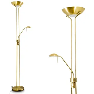 LED Stehlampe Rom aus Metall in Messing, dimmbare Stehleuchte Drehdimmer am Gehäuse, 1 x 18 Watt, 1600 Lumen u. 1 x 5 Watt, 480 Lumen, 3000 Kelvin (warmweiß), Deckenfluter mit verstellbarem Lesearm