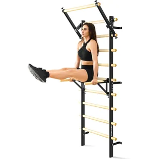 Sprossenwand Indoor mit Klimmzugstange, Dip-Barren und Klettergerüst, Wandmontage Kletterwand aus Holz – Fitnessgerät für Zuhause, Turngeräte für Kinder und Erwachsene für Home Gym und Gymnastik